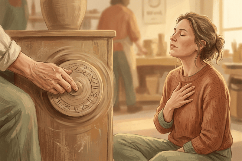Mão humana gira uma pequena roda desenhada à mão enquanto outra pessoa respira fundo, transmitindo alívio e foco antes de colaborar na equipa.