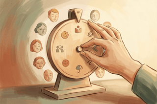 Una mano disegnata a inchiostro fa girare una ruota minimalista, evocando scelta equa e serena di esercizi emotivi per il lavoro, con volti stilizzati attorno.