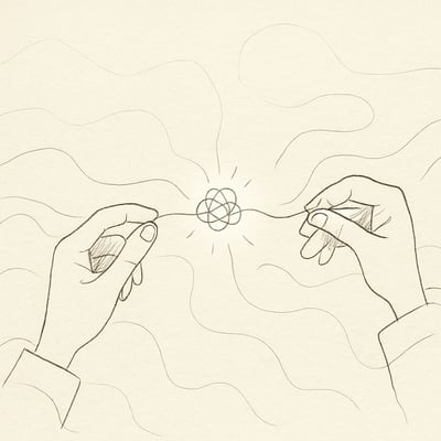 Duas mãos seguram fios antes invisíveis que se tornam visíveis ao entrelaçar, simbolizando reconhecimento e medição do trabalho emocional em equipas.