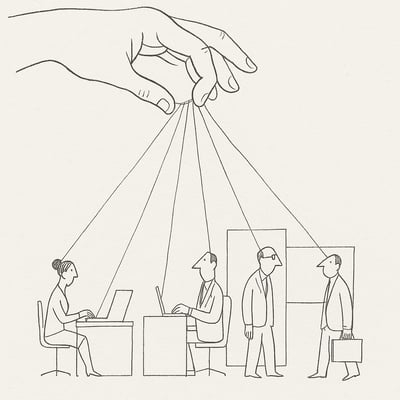 Een hand onthult onzichtbare draden tussen teamleden, als metafoor voor emotionele arbeid die vaak verborgen blijft maar teams bijeenhoudt.