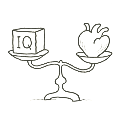 Handgetekende weegschaal met hart versus blok, waarin het hart zwaarder weegt; beeldt uit dat EQ vaker zwaarder weegt voor werkresultaten dan louter IQ.