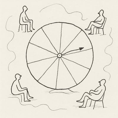 Minimalistisch wiel met secties en ontspannen silhouetten eromheen, als metafoor voor eerlijke, willekeurige taakverdeling die spanning verlaagt.