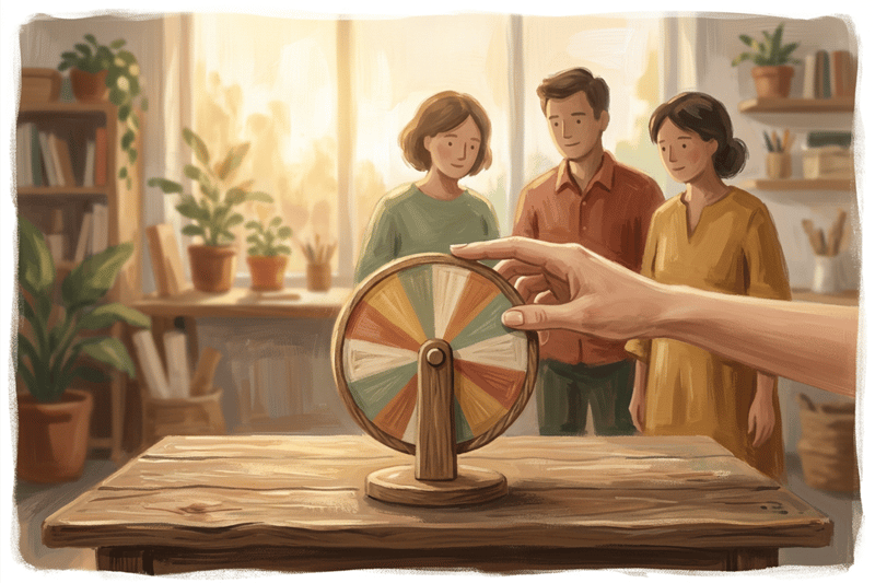 A single hand gently steadies a small spinner wheel while three simple figures look on, suggesting fair turns and calm collaboration in modern work.