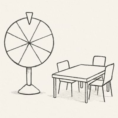 A simple spinner wheel sketched near a meeting table with one chair pulled out, signaling a fair and light way to choose turns and break analysis paralysis.