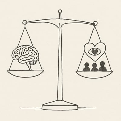 A wobbly balance scale holds a brain on one side and a heart with a group icon on the other, evoking how emotional intelligence elevates team outcomes.