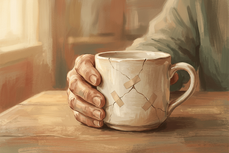 A single hand steadies a cracked mug with two small patch strips, symbolizing the quiet effort to keep teams intact and moods smooth without recognition.