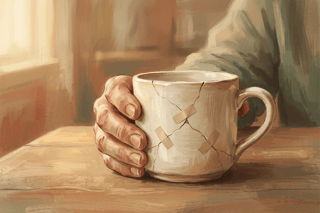 A single hand steadies a cracked mug with two small patch strips, symbolizing the quiet effort to keep teams intact and moods smooth without recognition.