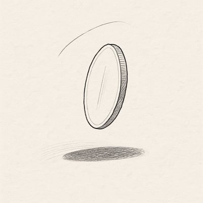 A single coin drawn mid-spin with a soft shadow, conveying a brief pause where choice is suspended and tension drops as the process decides.