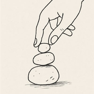 A fingertip stacking three imperfect stones into a fragile balance, highlighting careful, fair redistribution of small but heavy responsibilities.