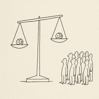 A hand-drawn scale with matching lottery balls and calm onlookers symbolizes fairness perceptions and equal chance in randomized group selection.