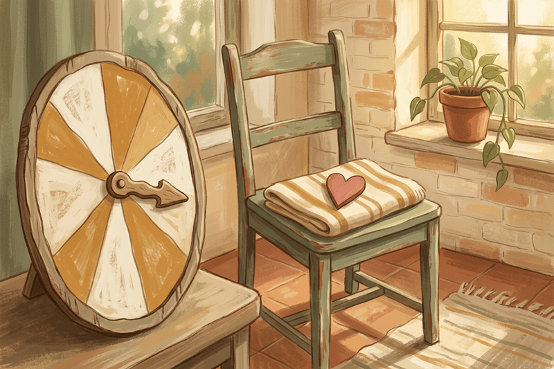 A single wobbly-lined spinner wedge gently points to a small heart resting on a chair, suggesting a fair, low-stakes choice that invites safe practice.