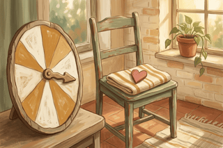 A single wobbly-lined spinner wedge gently points to a small heart resting on a chair, suggesting a fair, low-stakes choice that invites safe practice.