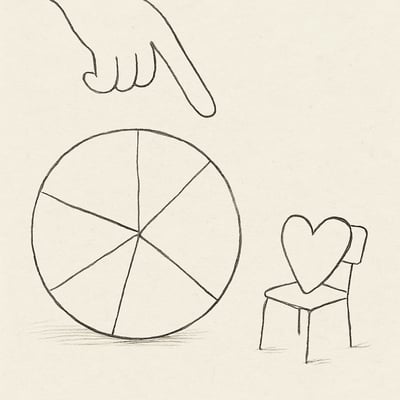 A shaky-lined spinner wheel with a hovering finger and a small heart on a chair suggests low-stakes, caring selection that invites participation without pressure.