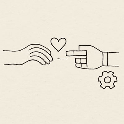 One hand offers a small heart to another across a narrow gap while a faint wheel symbol sits nearby, suggesting fair turns for brief connection drills.