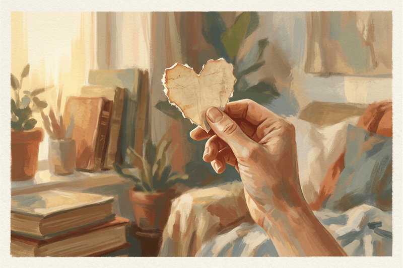 A single hand lifts a small paper heart to the light, edges frayed, suggesting fragile care that becomes steadier with daily, deliberate practice together.