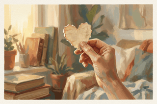 A single hand lifts a small paper heart to the light, edges frayed, suggesting fragile care that becomes steadier with daily, deliberate practice together.