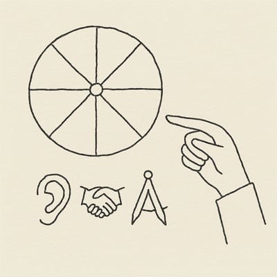 Sketch of a simple decision wheel with icons for listening, alignment and direction, conveying a calm, fair way to choose among options.