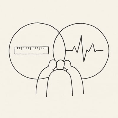 Minimal line art of logic and emotion symbols overlapping to form a team huddle, suggesting performance emerges when head and heart work together.
