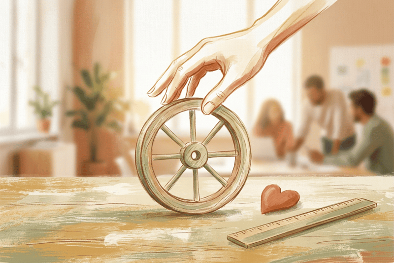 Minimalist line art of a calm hand hovering over a simple wheel, with a small heart and ruler nearby, symbolising head–heart balance in modern teamwork.