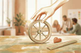 Minimalist line art of a calm hand hovering over a simple wheel, with a small heart and ruler nearby, symbolising head–heart balance in modern teamwork.