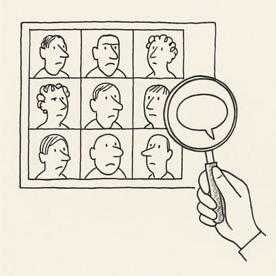 Hand-drawn video call grid with a magnifying glass over a speech bubble, highlighting listening and clarity in hybrid teamwork.
