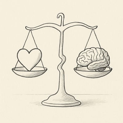 Handgezeichnete Waage mit Gehirn links und Herz rechts, beide im Gleichgewicht – Symbol fuer IQ und EQ als komplementaere Kraefte im Job.