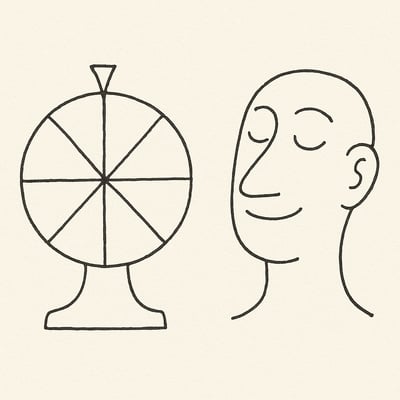 Minimalistische Skizze eines Drehrads neben einem entspannten Gesicht – Sinnbild fuer faire Zufallsauswahl und weniger Entscheidungslast im Teamalltag.