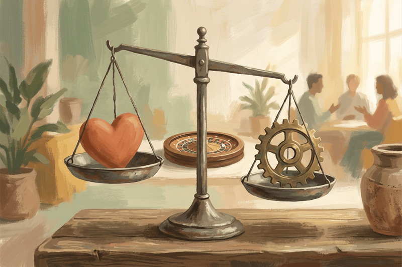 Balanza de línea imperfecta con corazón y engranaje, y una pequeña ruleta al fondo insinuando azar responsable para decidir en equipos modernos.