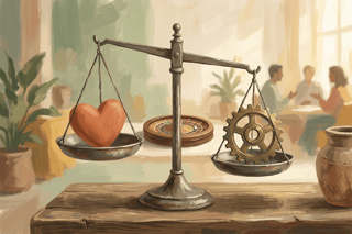 Balanza de línea imperfecta con corazón y engranaje, y una pequeña ruleta al fondo insinuando azar responsable para decidir en equipos modernos.