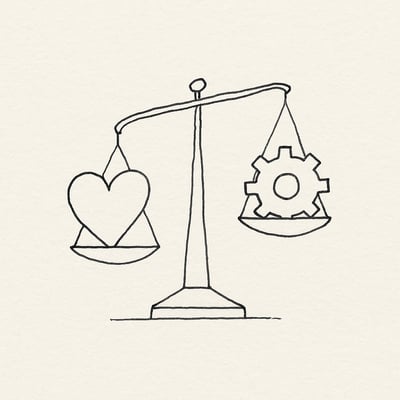 Balanza de trazo irregular equilibra un corazón y un engranaje; el corazón pesa más, sugiriendo que las habilidades emocionales inclinan la ecuación del rendimiento.
