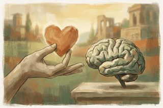 Main esquissée tenant un cœur face à un cerveau posé, équilibre visuel sobre évoquant l’idée que l’EQ guide la performance au-delà du seul QI.