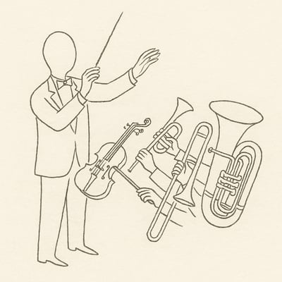 Un chef d'orchestre dessiné à main levée coordonne des instruments variés, image de la synchronisation émotionnelle qui élève la performance d'équipe.