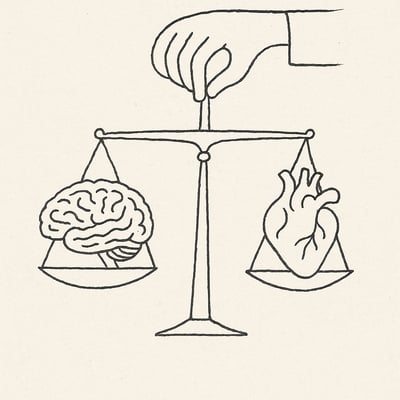 Une balance esquissée oppose cerveau et cœur en équilibre délicat, suggérant que raison et émotion cohabitent pour mieux décider dans le travail moderne.