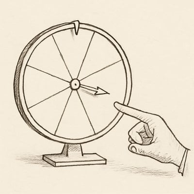 Ruleta minimalista a punto de girar bajo el dedo de una mano, simbolizando desempatar con reglas claras para reducir la carga cognitiva y avanzar sin sesgos.