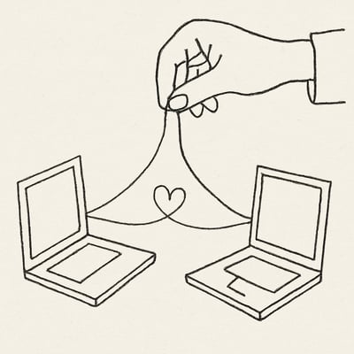 Dos portátiles conectados por un nudo con forma de corazón, representando la necesidad de empatía y coordinación emocional en equipos que trabajan en remoto e híbrido.