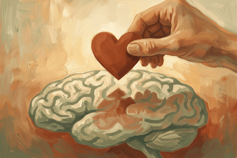 Una mano che regge un cuore stilizzato riflesso in un cervello semplificato, suggerendo equilibrio tra emozione e ragione nel lavoro moderno.