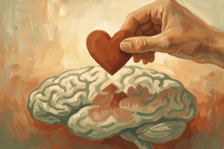 Una mano che regge un cuore stilizzato riflesso in un cervello semplificato, suggerendo equilibrio tra emozione e ragione nel lavoro moderno.