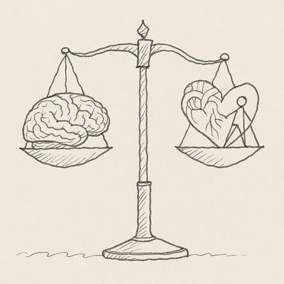 Una bilancia minimalista raffigura cervello e cuore in equilibrio con una piccola squadra unita, suggerendo che EQ e collaborazione sostengono le prestazioni.