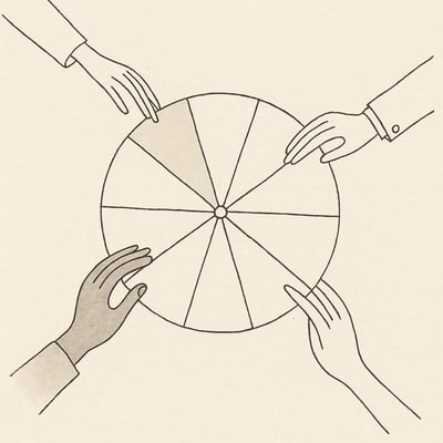 Una ruota di decisione stilizzata toccata da tre mani diverse, a indicare selezione equa e partecipazione condivisa per sbloccare scelte in gruppo.