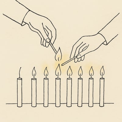 Una candela accende un'altra lungo una fila, simbolo di leadership che diffonde energia ed empatia influenzando performance e comportamenti di cittadinanza.