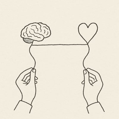 Ilustração monocromática mostra um cérebro e um coração ligados por um fio equilibrado por duas mãos, simbolizando que conexão emocional orienta o desempenho.
