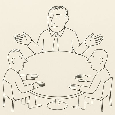 Desenho minimalista de uma mesa redonda com três pessoas, uma escuta atenta as outras duas, sugerindo liderança empática que alinha a equipa.