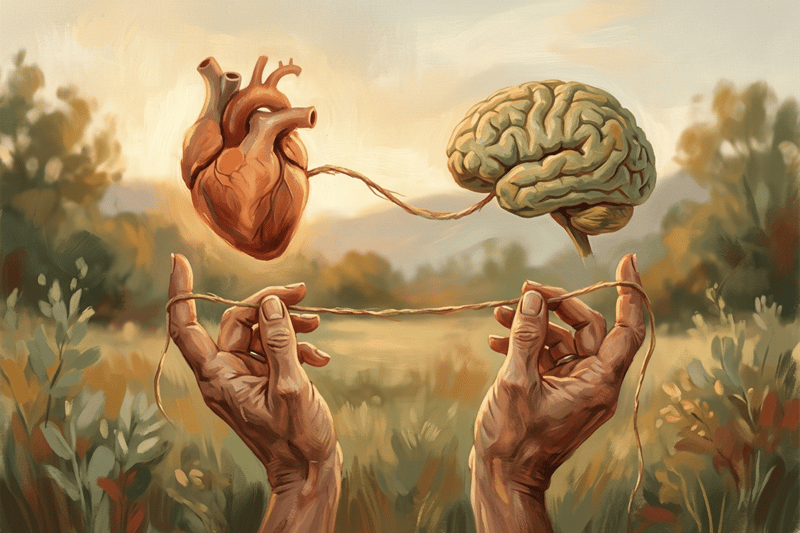 Um coração e um cérebro ligados por um fio equilibrado por mãos humanas, sugerindo que a inteligência emocional guia decisões e performance no trabalho.
