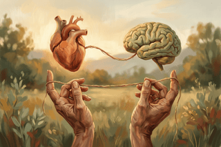 Um coração e um cérebro ligados por um fio equilibrado por mãos humanas, sugerindo que a inteligência emocional guia decisões e performance no trabalho.