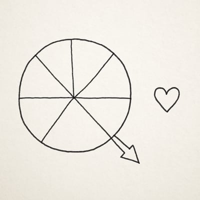 Minimalistisch wiel met pijl en een subtiel hartsymbool ernaast; suggereert een lichte, eerlijke manier om keuzes te maken en spreekvolgorde te bepalen in teams.