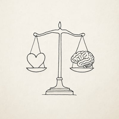 Minimalistische weegschaal met hart en brein in balans, waarbij het hart iets overheerst; suggereert dat emotionele intelligentie vaak doorslaggevend is voor werkresultaten.