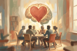 Herz überlagert ein Gehirn über einem runden Tisch mit schemenhaften Personen; zeigt, dass Empathie in Teams oft wirksamer ist als reine Brillanz.