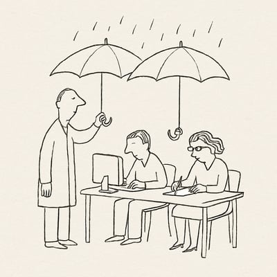 Minimalist line art of one worker holding umbrellas to shelter teammates from drizzle, capturing the calm, steady effort of unseen support at work.