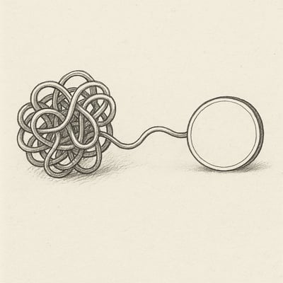 Hand-drawn knot transitioning into a simple coin-like circle, symbolising relief when complex choices shift to a neutral, fair chance process.