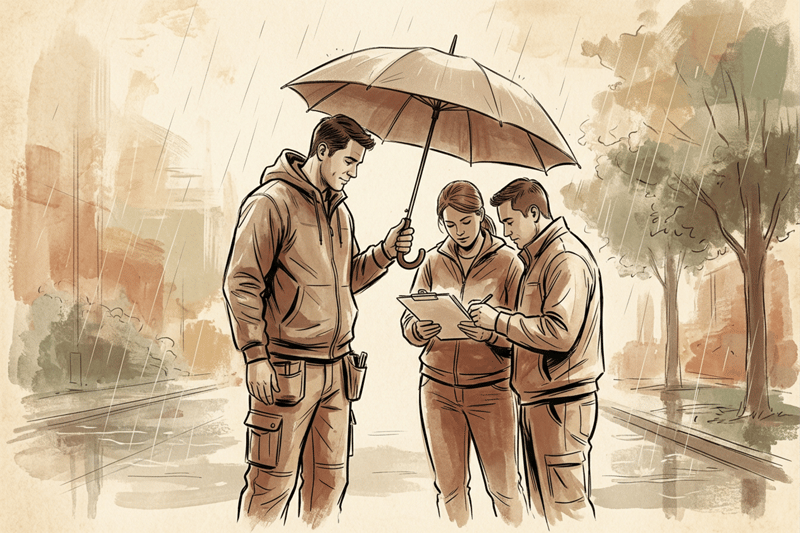 Monochrome line art of a worker quietly holding an umbrella over teammates in light rain, conveying calm care and the often unseen effort that protects teams.
